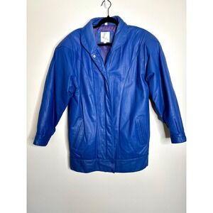 Vintage John Weitz Blue Leather Jacket Women's M Genuine Leather 80s Style